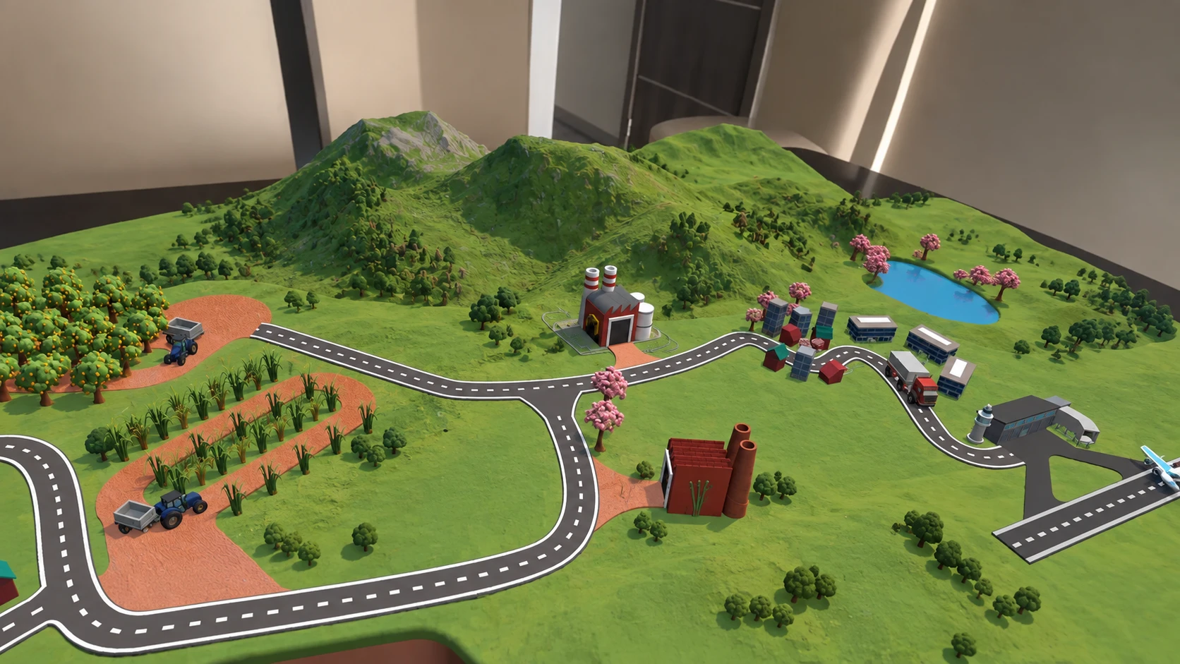 Simulación 3D interactiva de Tucumán vista a través de Realidad Mixta, con montañas, cultivos, industria y rutas