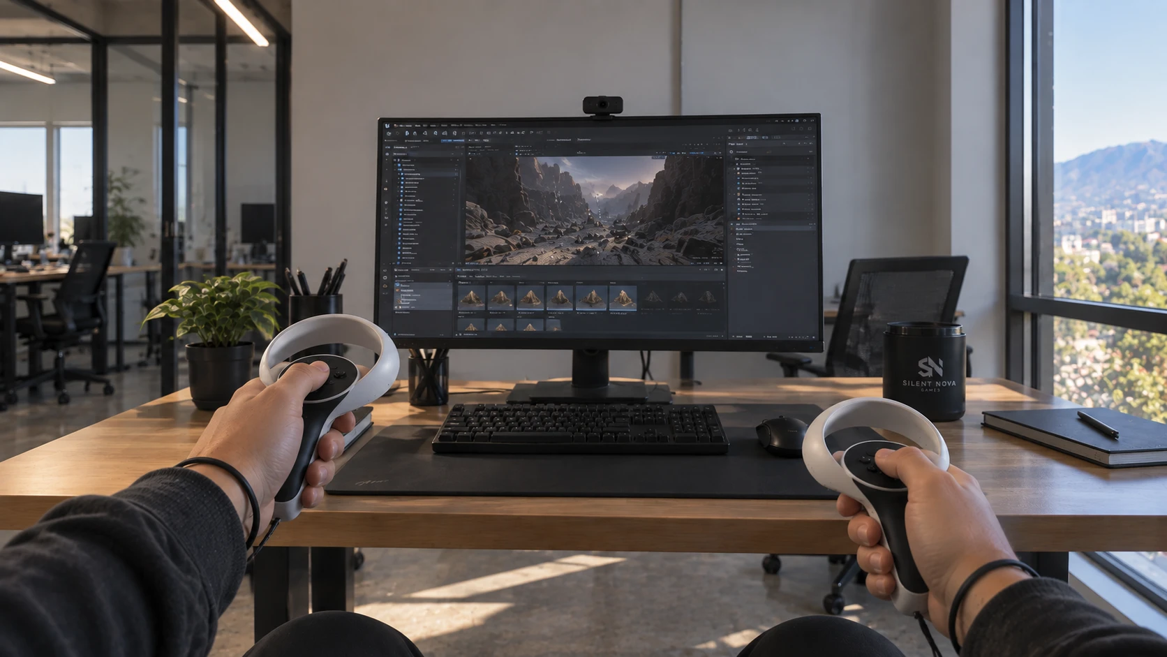 El entorno real: escritorio con monitor y controles VR en mano, antes de ponerse el visor