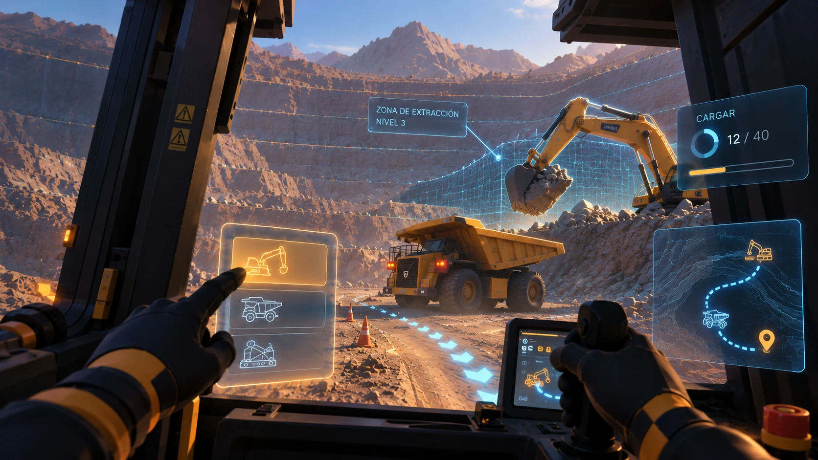 Ilustración de una simulación de entrenamiento en Realidad Virtual en una cantera, con manos y panel de control totalmente digitales